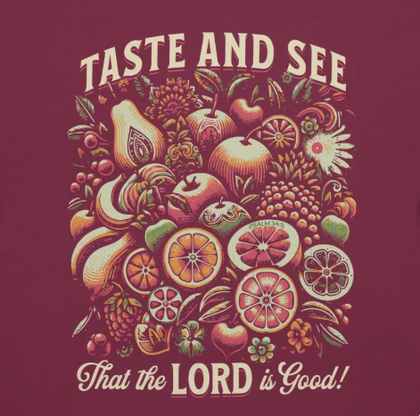 Rooted “Taste and See” Psalm 34:8 Christian T-Shirt for Women – Fruit Graphic Tee, Vintage Aesthetic Shirt, Faith Apparel Gift
