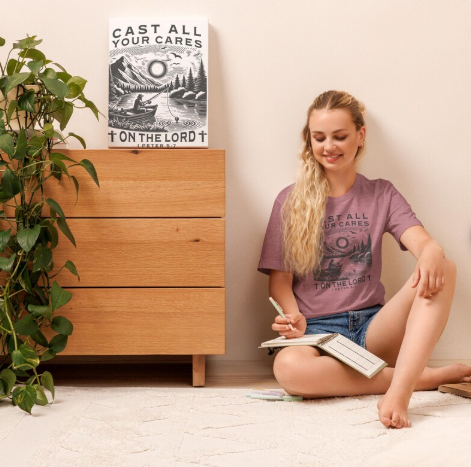 Rooted “Cast Your Cares on Him” 1 Peter 5:7 Christian T-Shirt – Fishing Faith Shirt, Scripture Tee, Encouragement Gift