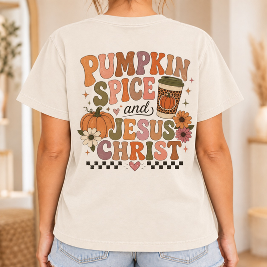Pumpkin Spicy and Jesus Christ Christian Fall T-Shirt – Ivory Comfort Colors Tee