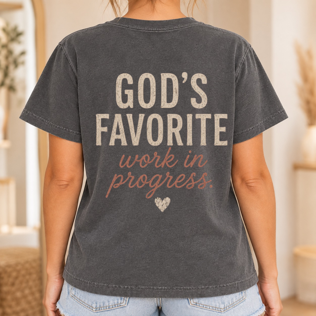 God’s Favorite Work in Progress Christian T-Shirt for Women – Pepper Comfort Colors Tee