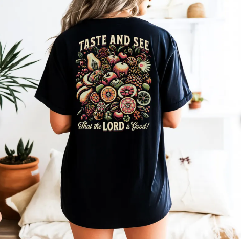 Rooted “Taste and See” Psalm 34:8 Christian T-Shirt for Women – Fruit Graphic Tee, Vintage Aesthetic Shirt, Faith Apparel Gift