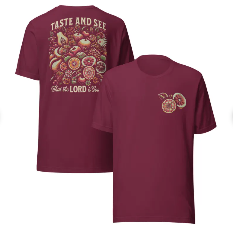 Rooted “Taste and See” Psalm 34:8 Christian T-Shirt for Women – Fruit Graphic Tee, Vintage Aesthetic Shirt, Faith Apparel Gift