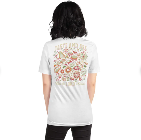 Rooted “Taste and See” Psalm 34:8 Christian T-Shirt for Women – Fruit Graphic Tee, Vintage Aesthetic Shirt, Faith Apparel Gift