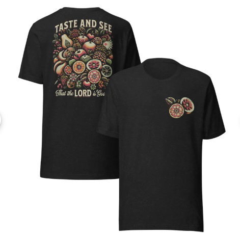 Rooted “Taste and See” Psalm 34:8 Christian T-Shirt for Women – Fruit Graphic Tee, Vintage Aesthetic Shirt, Faith Apparel Gift