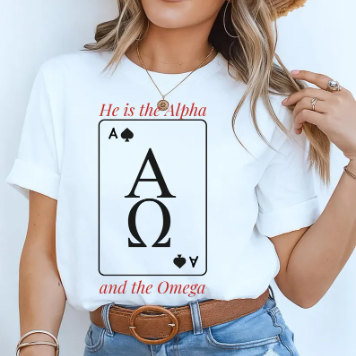 Rooted “He Is the Alpha and the Omega” Christian T-Shirt for Women – Playing Card Graphic Tee, Vintage Card Shirt, Faith Apparel Gift