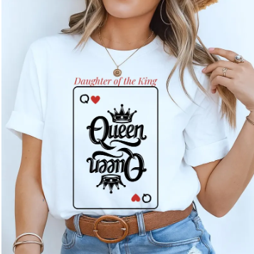 Rooted “Daughter of the King” Christian T-Shirt for Women – Vintage Playing Card Shirt, Queen Card Graphic Tee, Faith Apparel Gift