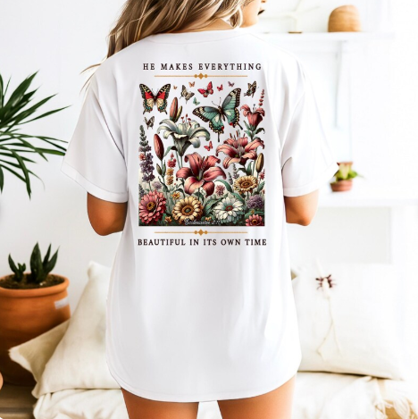 Rooted “He Makes Everything Beautiful in Its Time” Christian T-Shirt for Women – Ecclesiastes 3:11 Floral Graphic Tee, Vintage Botanical Shirt, Faith Gift