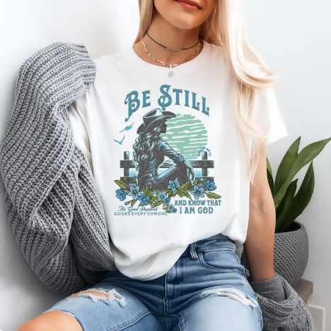 Rooted “Be Still and Know That I Am God” Psalm 46:10 Christian T-Shirt for Women – Western Cowgirl Graphic Tee, Faith Shirt, Christian Gift