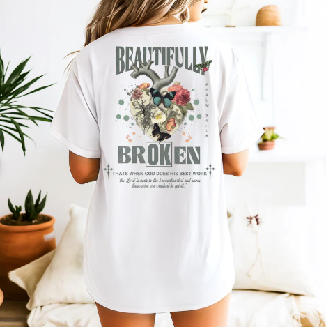 Rooted “Beautifully Broken” Christian T-Shirt for Women – Psalm 34:18 Faith Graphic Tee, Aesthetic Floral Shirt, Encouragement Gift
