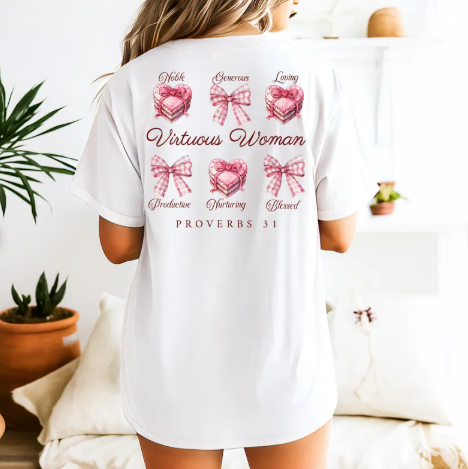 Rooted “Virtuous Woman” Proverbs 31 Christian T-Shirt for Women – Coquette Bow Shirt, Feminine Faith Graphic Tee, Christian Gift