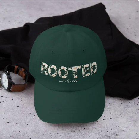 Rooted “Rooted in Him” Christian Hat – Women’s Faith Baseball Cap, Encouragement Gift, Christian Apparel