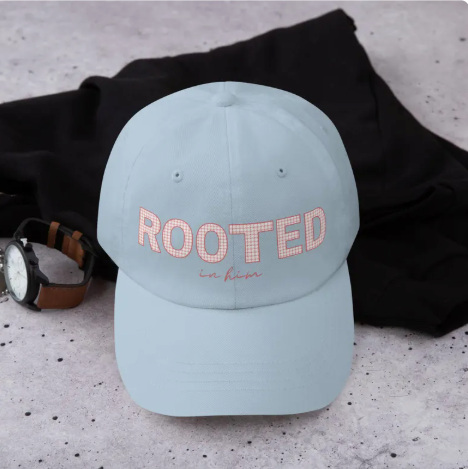 Rooted “Rooted in Him” Christian Hat – Women’s Faith Baseball Cap, Aesthetic Christian Hat, Encouragement Gift