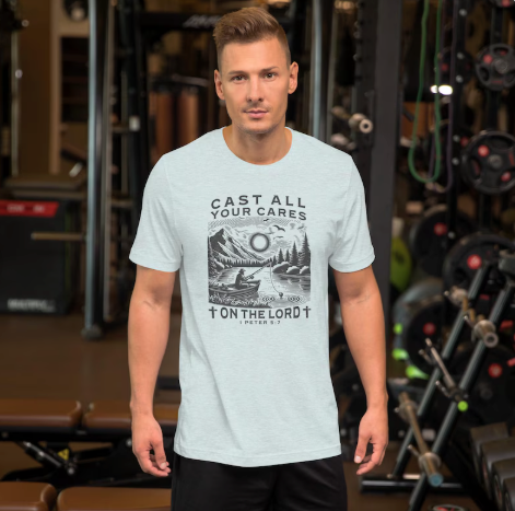 Rooted “Cast Your Cares on Him” 1 Peter 5:7 Christian T-Shirt – Fishing Faith Shirt, Scripture Tee, Encouragement Gift
