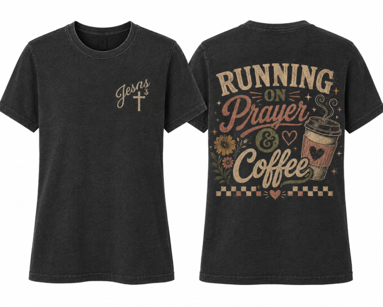 Running on Prayer and Coffee Christian T-Shirt for Women – Pepper Comfort Colors Tee